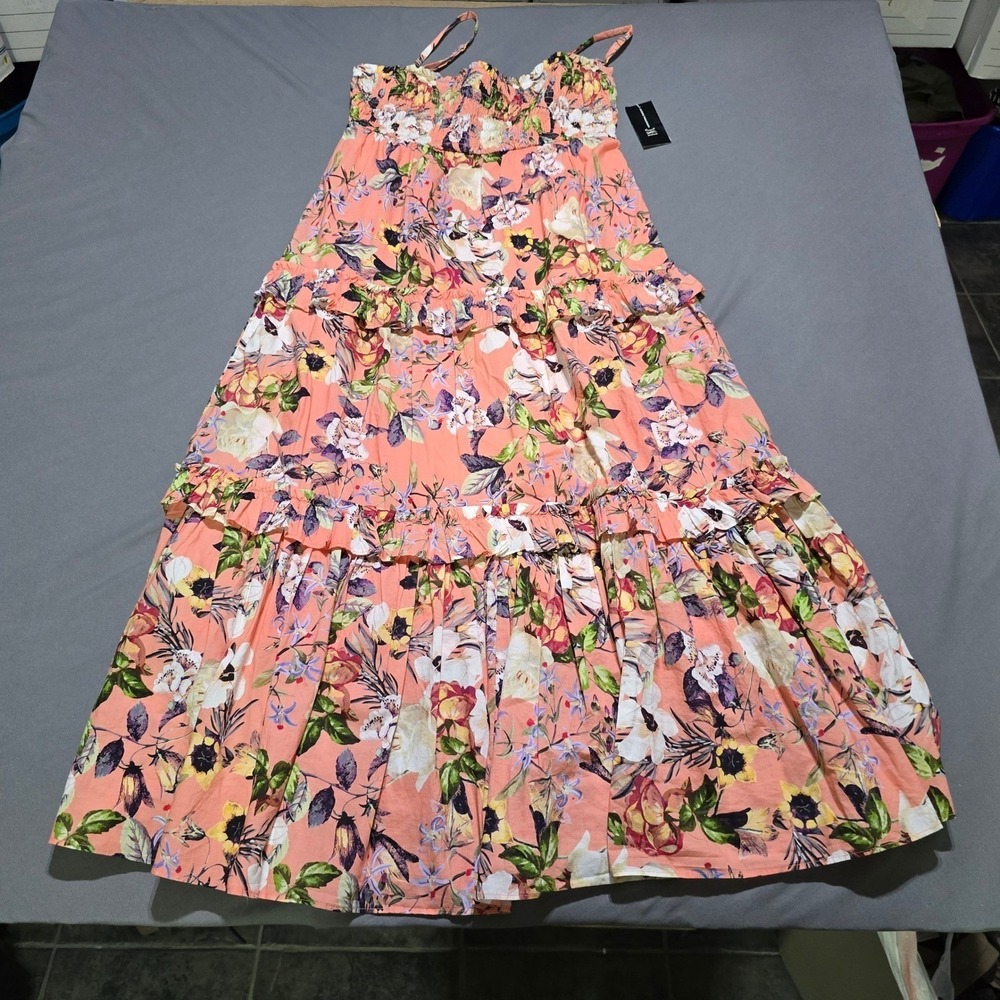 new INC International Concepts Maxi Dress Women Small Pink Floral Smocked Tiered